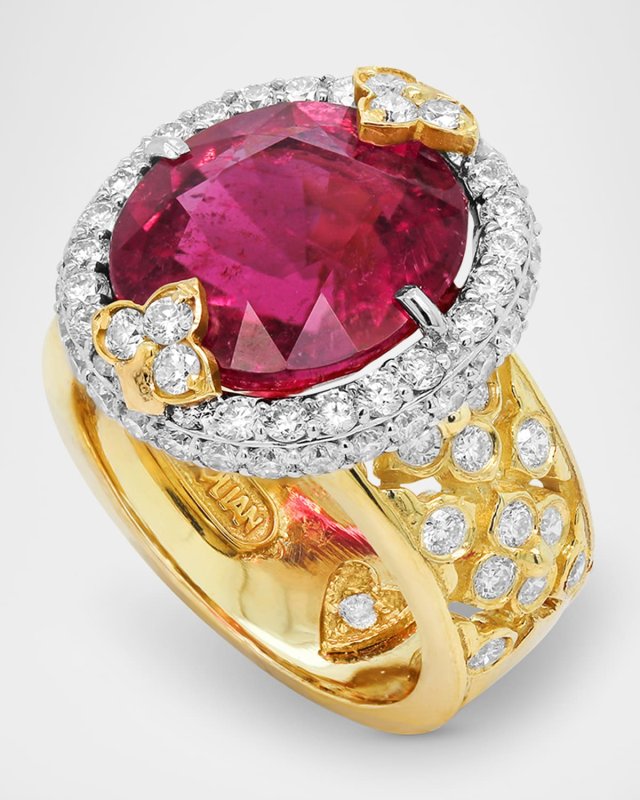 18K Yellow Gold Oval Rubellite Ring with White Diamonds